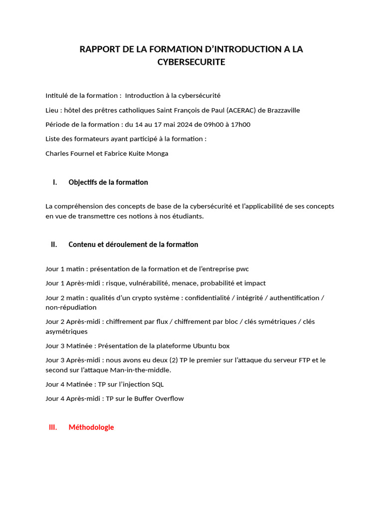 Rapport sur la Formation Cybersécurité 2024 | PDF