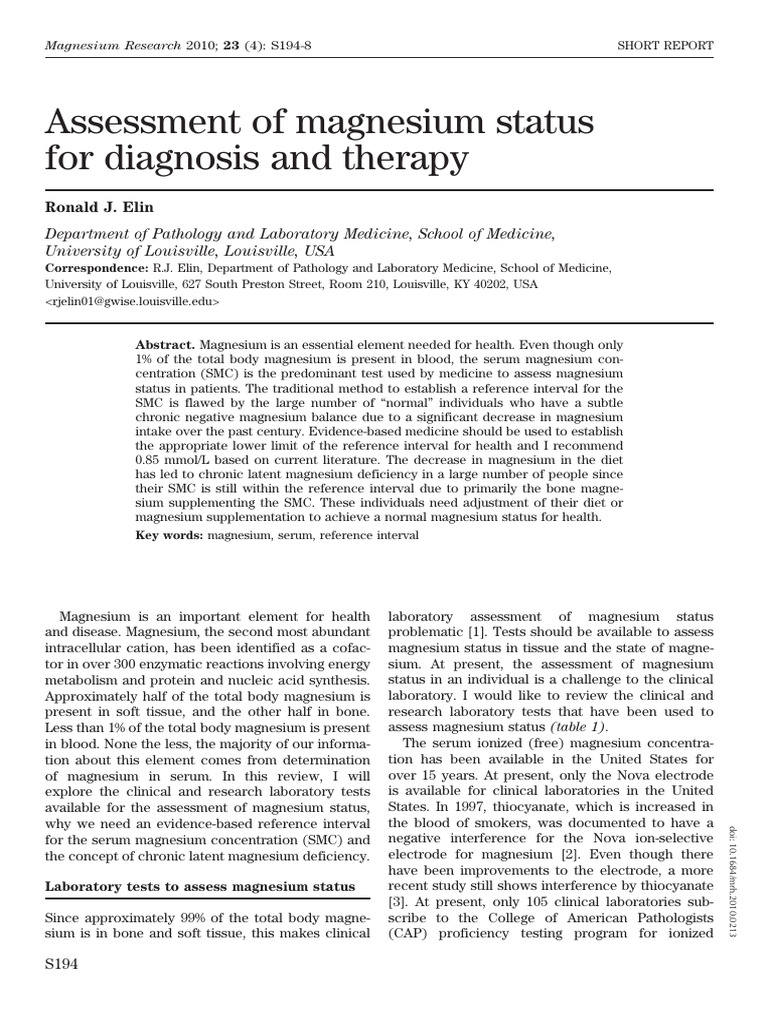 Magnesium Status Assessment and Effects | PDF | Magnesium | Blood Plasma