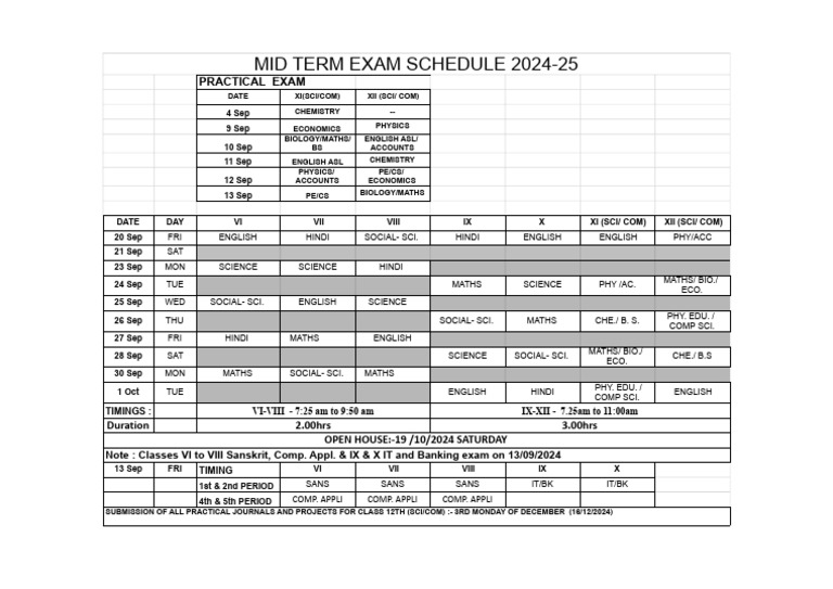 2024-25 Mid Term Exam Schedule | PDF