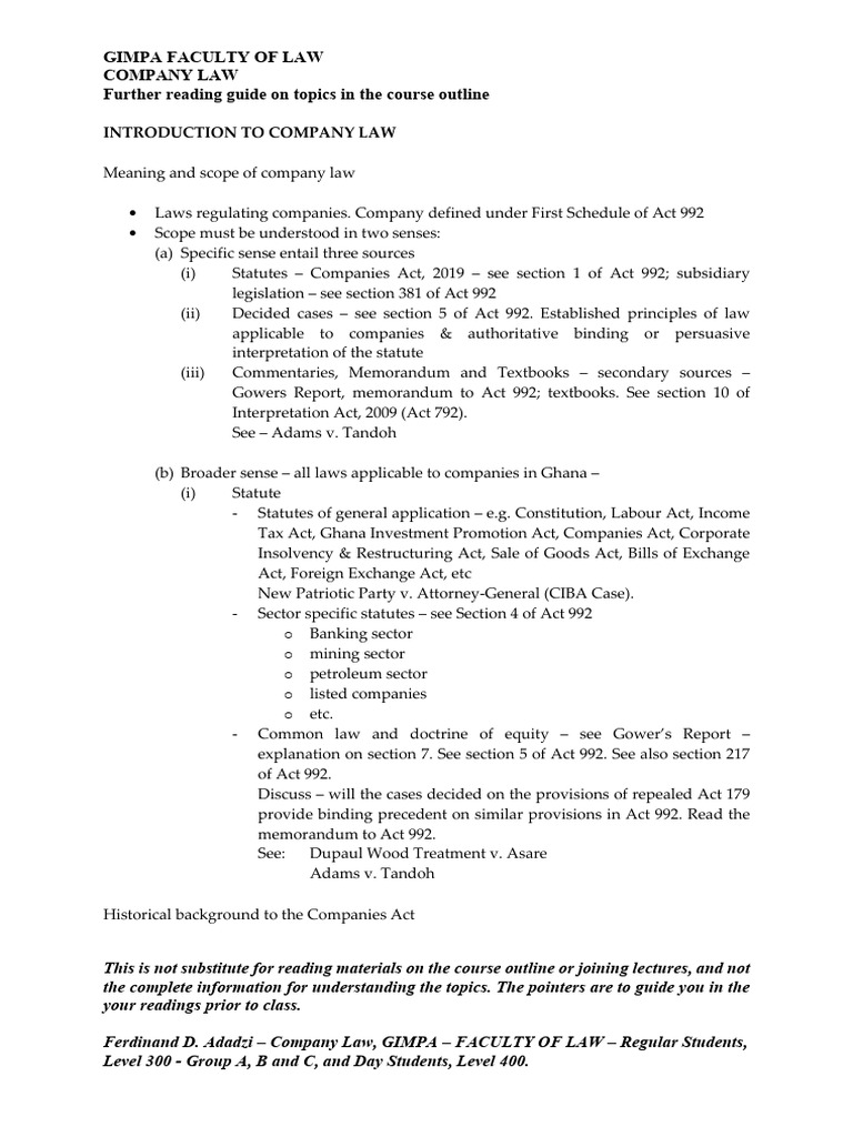 Reading guide to first four topics on course outline company law 1