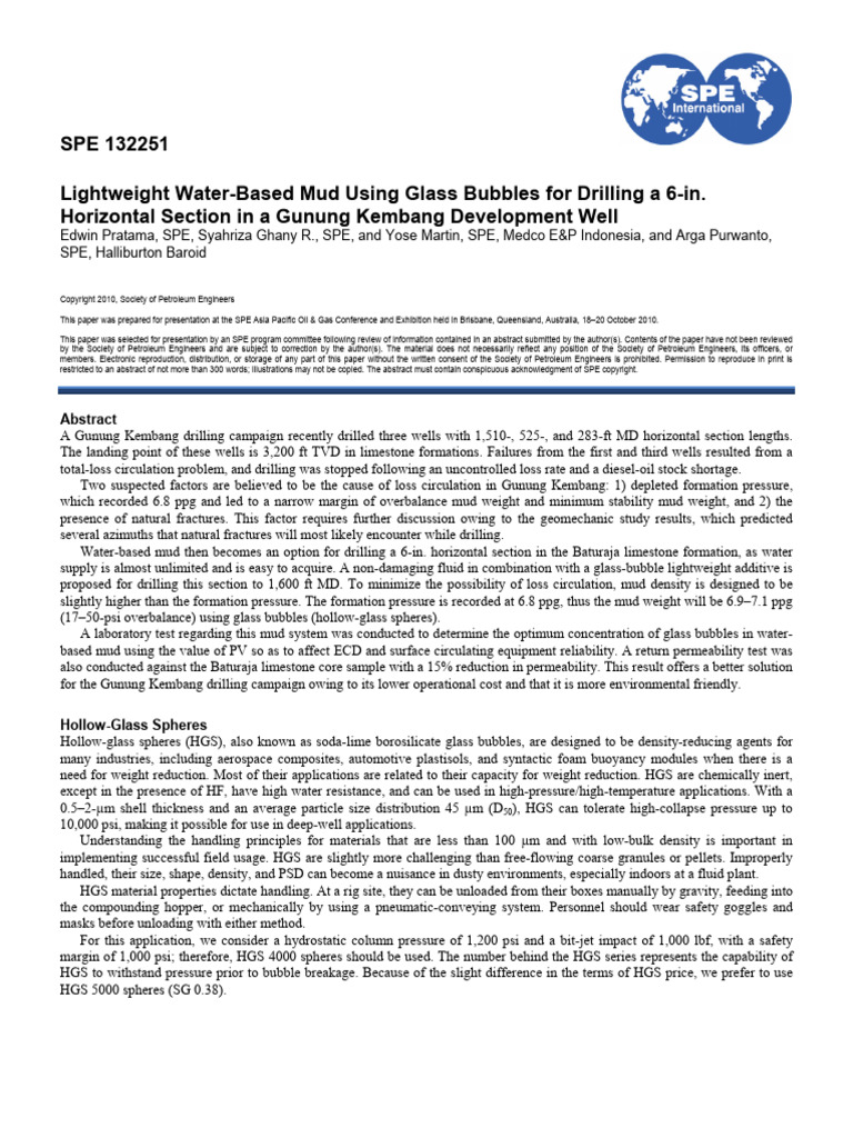 SPE 132251 Lightweight Water-Based Mud Using Glass Bubbles For Drilling ...