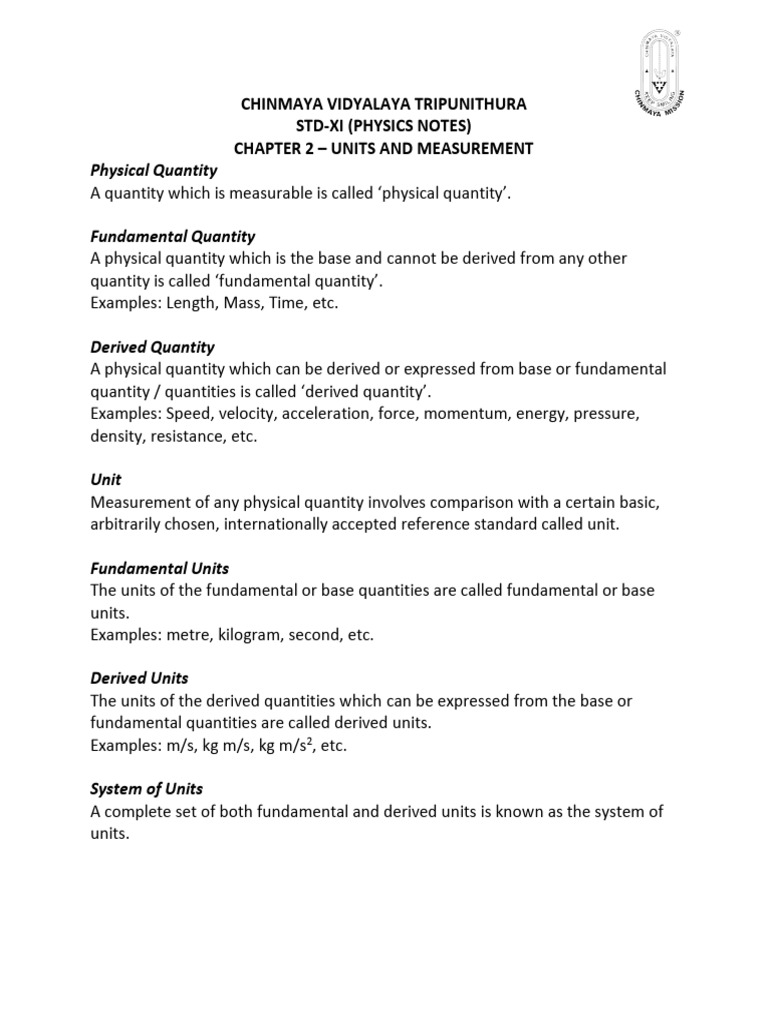 ch2 Units & Measurement Notes | PDF | Measurement | International ...