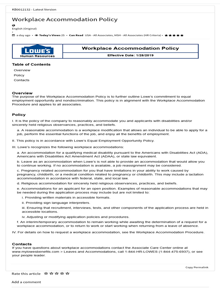 Lowe's Workplace Accommodation Policy | PDF | Americans With ...