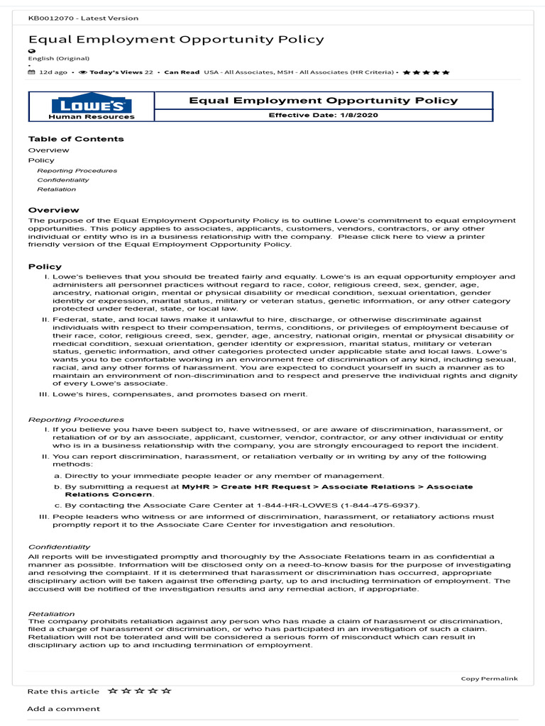 Lowe's Equal Employment Opportunity Policy | PDF | Harassment ...