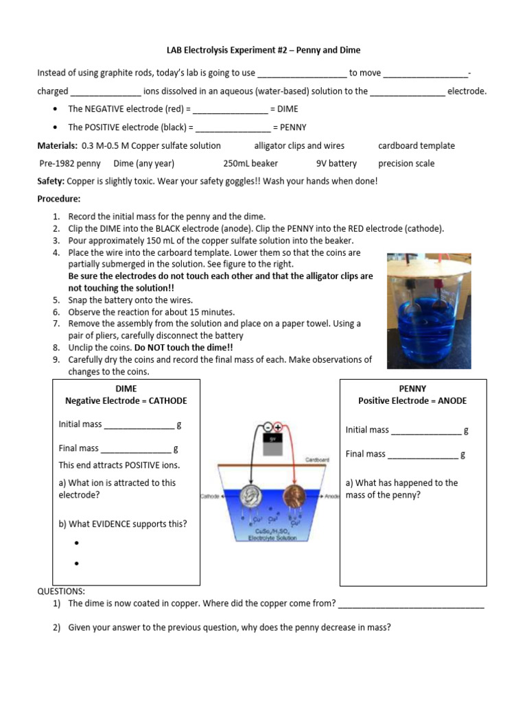 LAB+Electrolysis+Experiment+#2+ +Penny+and+Dime | PDF | Electrode | Anode