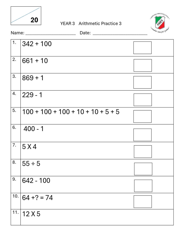Year 3 Arithmetic Practice Worksheet | PDF | Finance & Money Management ...