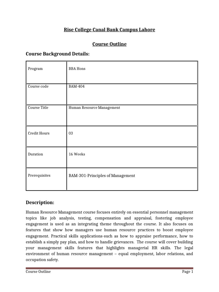 Human Resource Management Course Outline | PDF | Human Resource ...
