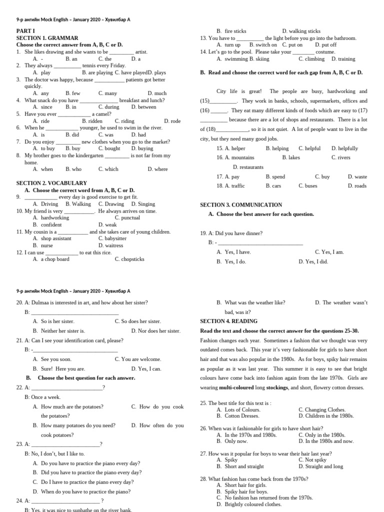 9th Grade Mock English Exam January 2020 | PDF | Language Arts & Discipline
