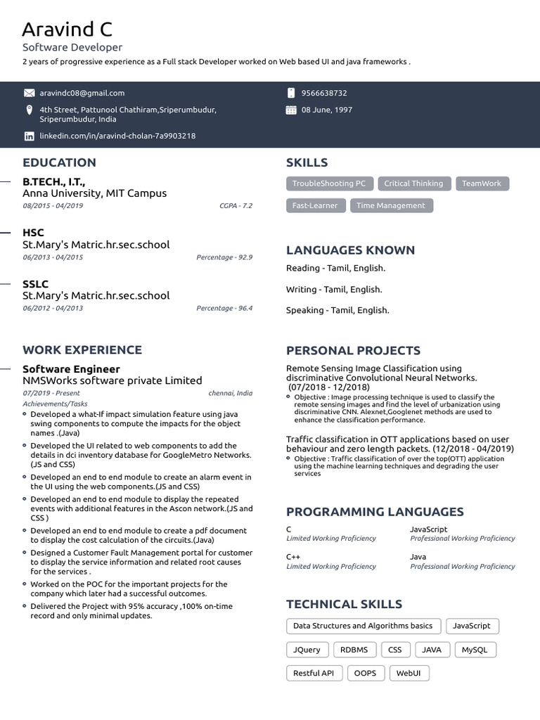 Anjali Aravind: Software Developer Profile | PDF | Software | Java Script