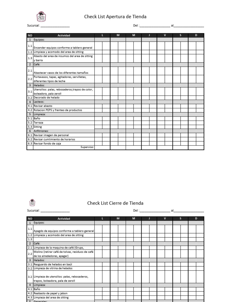 Check List de Apertura y Cierre de Tienda | PDF | Cocina, comidas y ...