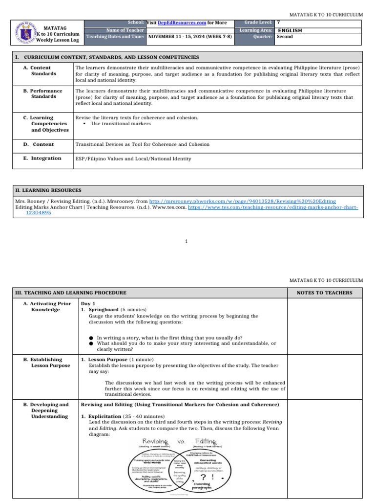 English 7 Matatag Curriculum Week 7-8 | PDF | Curriculum | Teachers