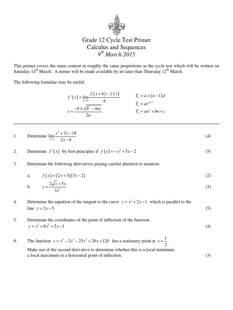 Grade 12 Calculus Sequences Test Prep Pdf Derivative Mathematics