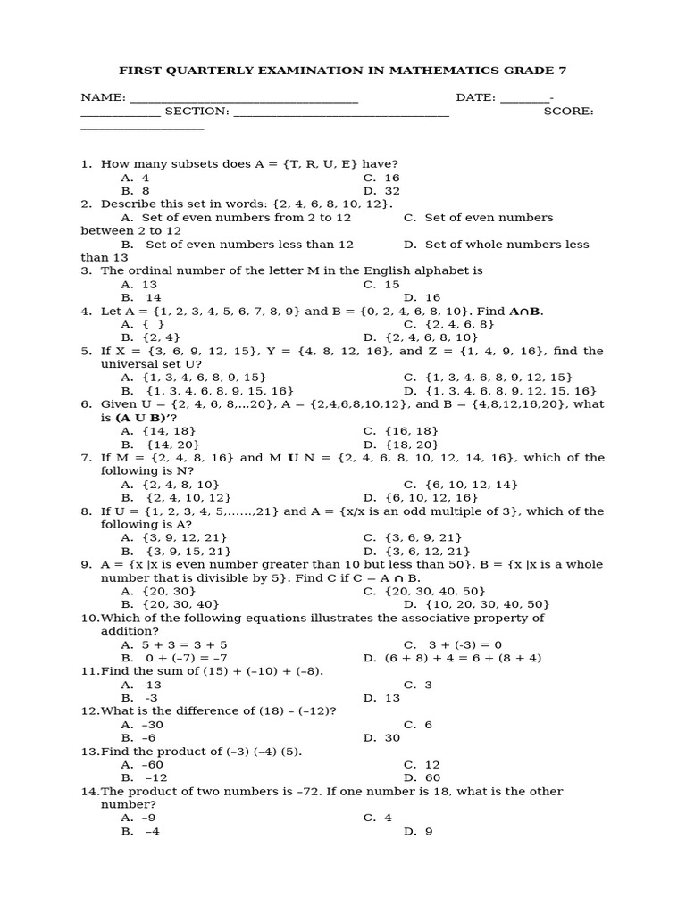 Grade 7 Math Quarterly Exam Questions | PDF | Numbers | Set (Mathematics)