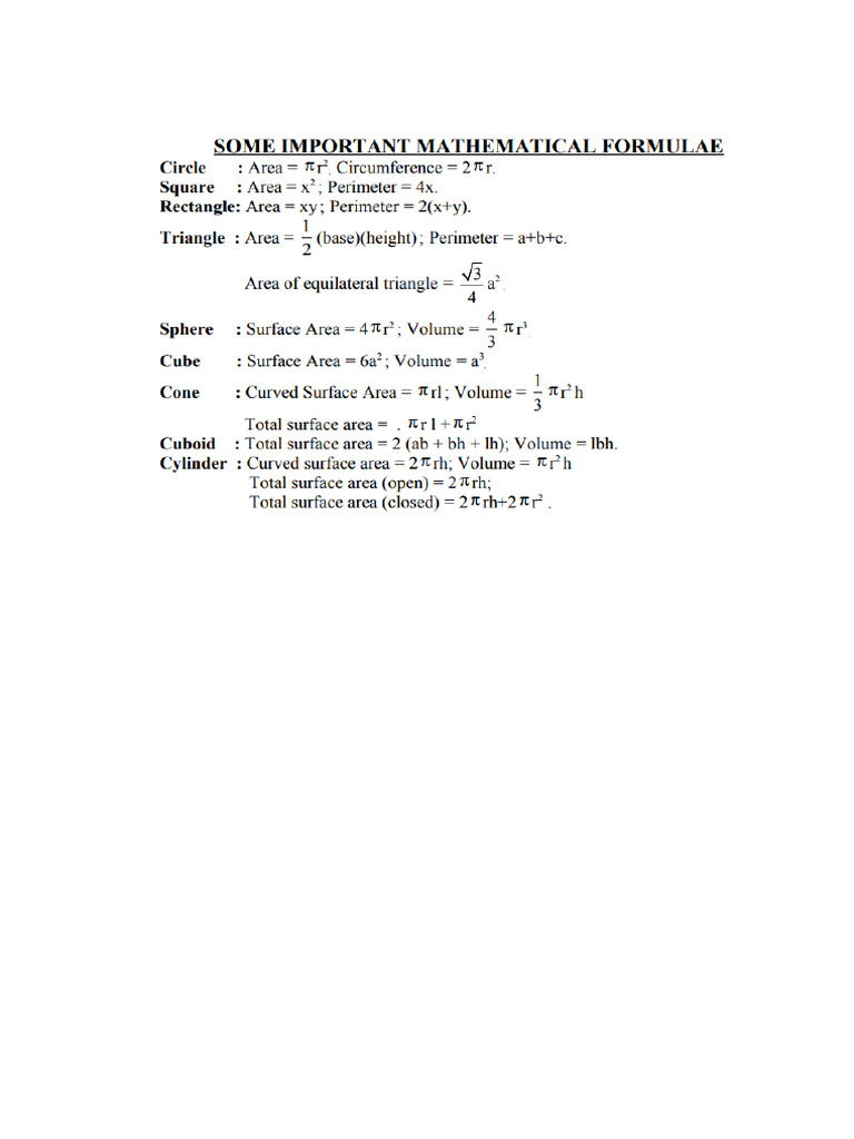 Some Important Mathematical Formulae | PDF
