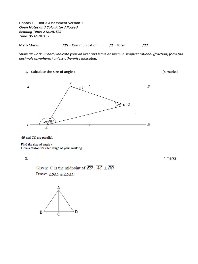 Honors Math Unit 3 Assessment Guide | PDF | Teaching Methods ...