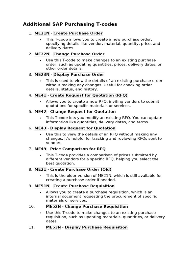 Essential SAP Purchasing T-Codes Guide | PDF | Procurement | Point Of Sale