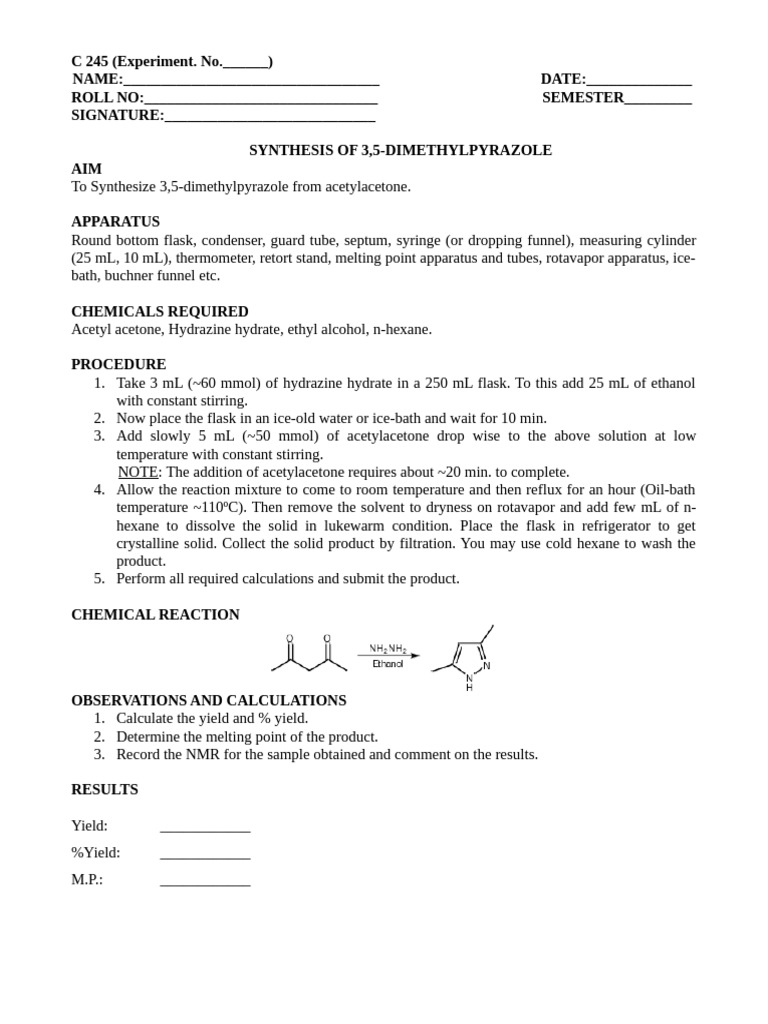 Synthesis of 3,5-Dimethylpyrazole | PDF | Science & Mathematics