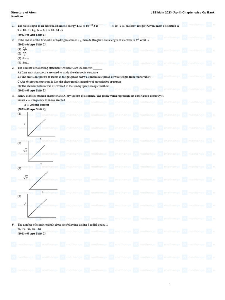 JEE Main 2023: Atomic Structure Solutions | PDF | Atomic Orbital | Electron