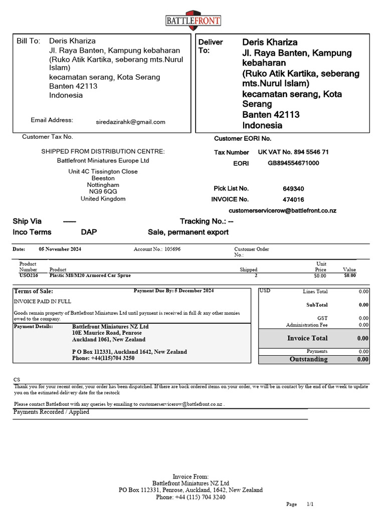 Invoice for Deris Khariza - Battlefront | PDF | Invoice | Value Added Tax