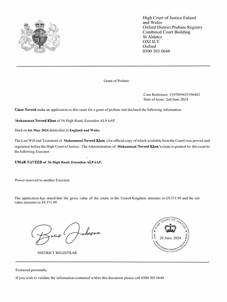 Grant of Probate for Muhammad Naveed Khan | PDF