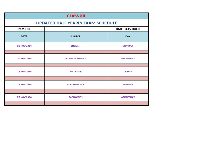 Updated Half Yearly Exam Schedule | PDF
