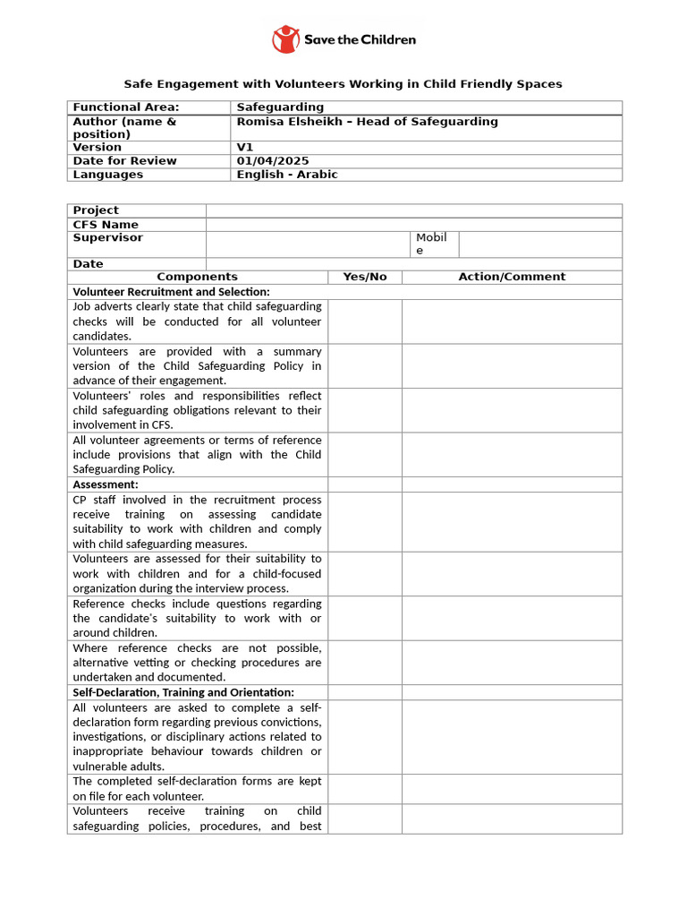 Annex III - Safe Engagement With Volunteers Working in Child Friendly ...