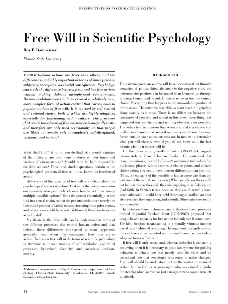 Articol Free Will in Scientific Psychology | PDF | Free Will | Self Control