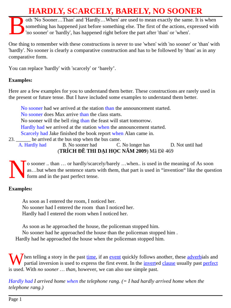 Grammar: Hardly, Scarcely, Barely | PDF | Question | Subject (Grammar)