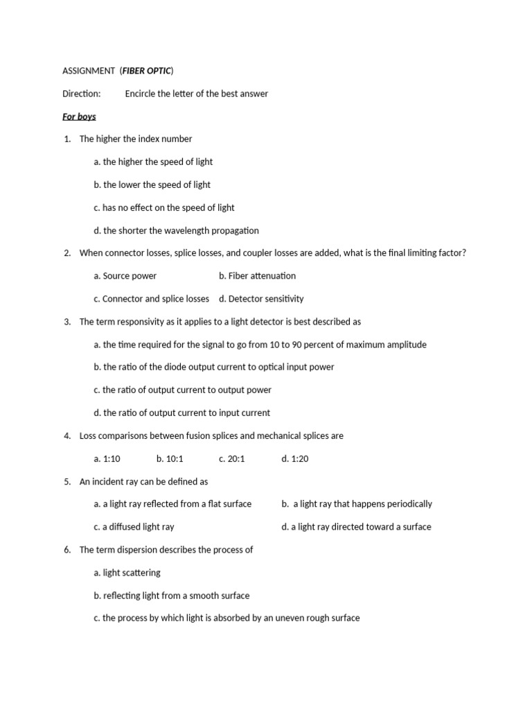 Ass9 Fiber Optic Questionnaire | PDF | Optical Fiber | Attenuation