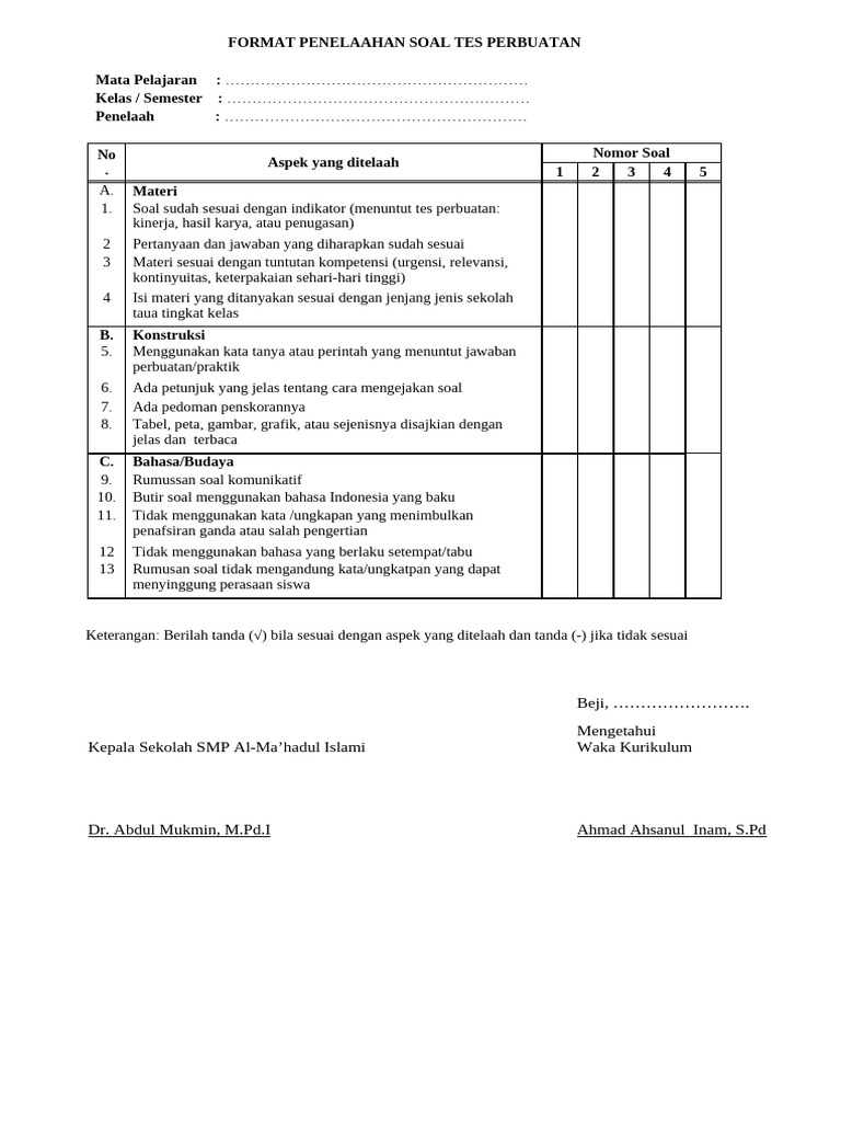 Contoh Format Penelaahan Soal Tes | PDF