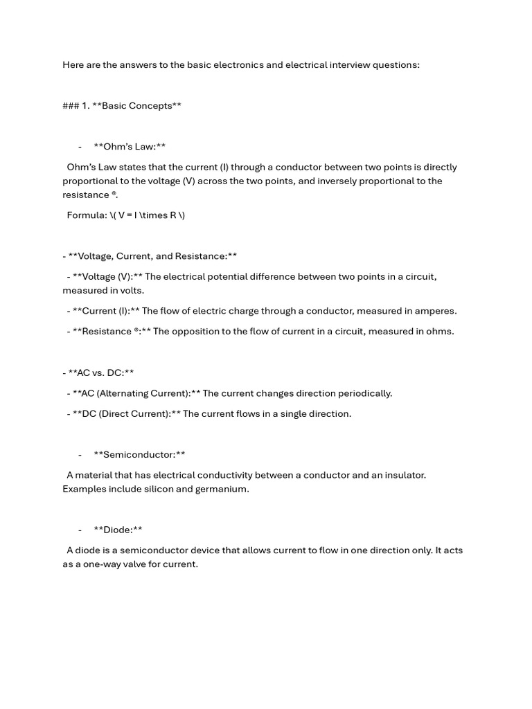 Basic Electronics and Electrical Interview Questions Ans | PDF ...