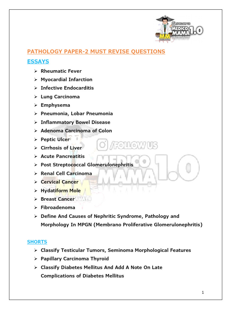 Pathology Paper-2 Must Revise Questions: Essays | PDF | Wellness