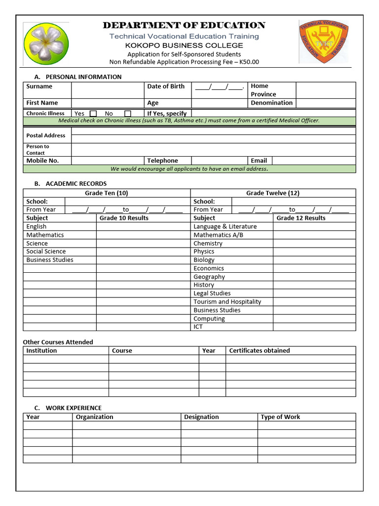 Kokopo Business College Application Form 2026 | PDF | Diploma