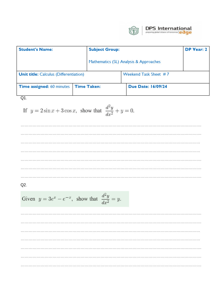 DP2 AA SL Calculus Differentiation Tasksheet 7 1 | PDF | Calculus ...