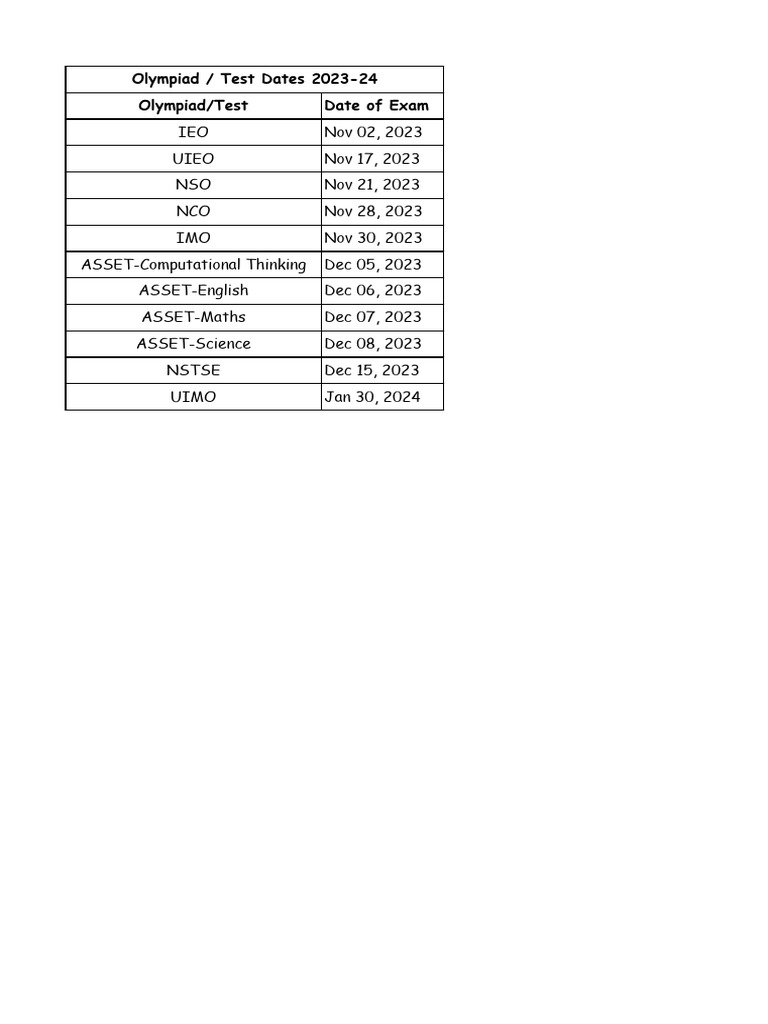 Olympiad/Test Date of Exam Olympiad / Test Dates 2023-24 | PDF | Art