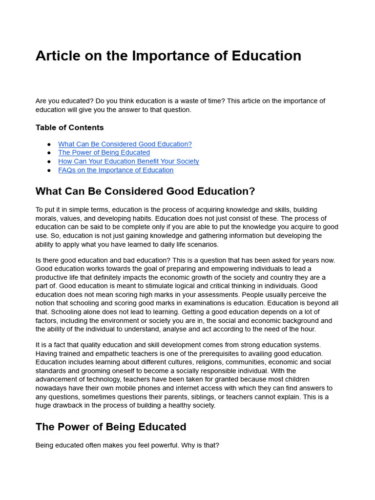 Importance of Education | PDF | Knowledge | Critical Thinking