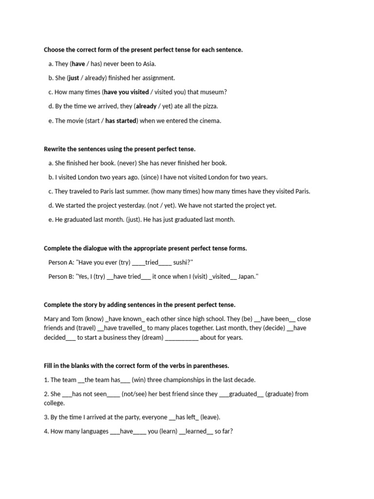 Present Perfect Tense Exercises | PDF