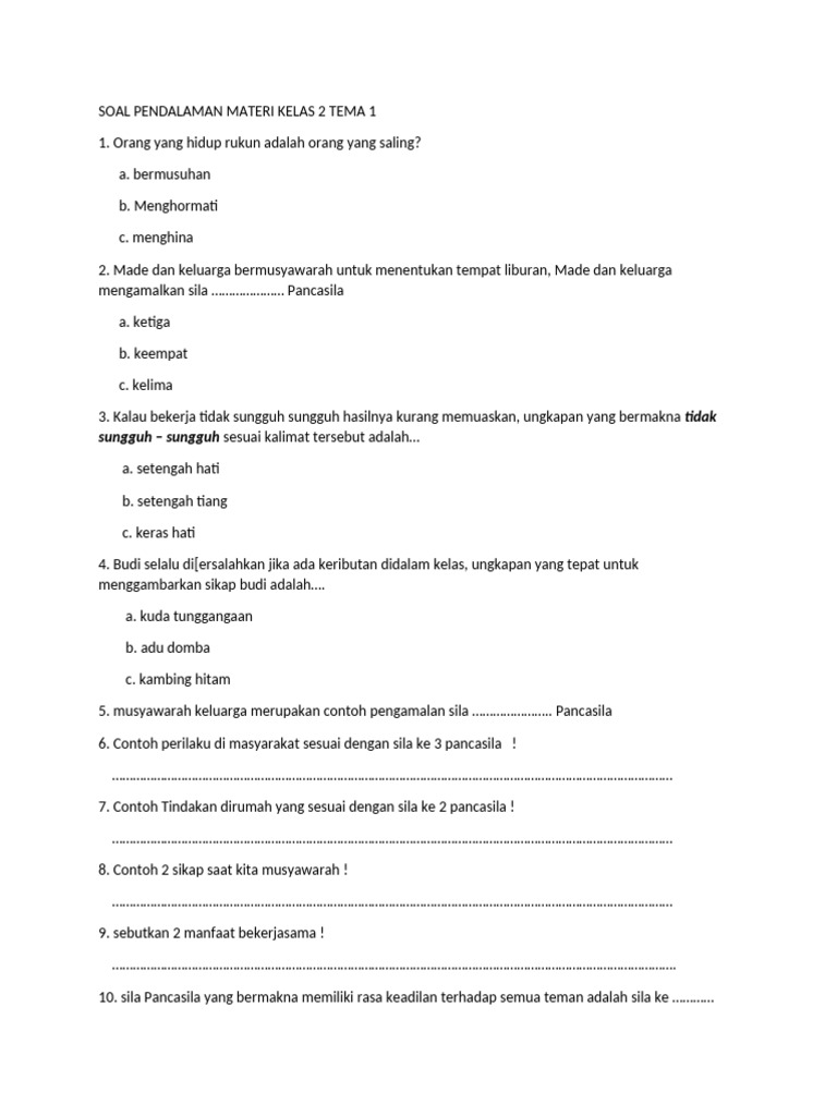 Soal Pendalaman Materi Kelas 2 Tema 1 | PDF