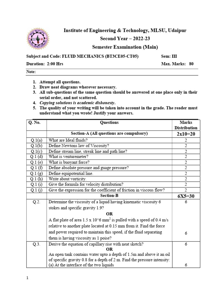Fluid Mechanics Exam Questions 2022-23 | PDF | Viscosity | Pressure