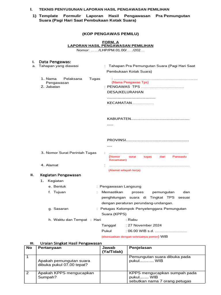 Contoh Form A Laporan Pengawasan TPS | PDF