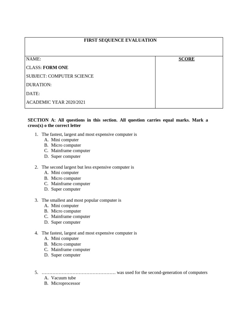 Computer Science Exam: Form One | PDF | Microcomputers | Engineering