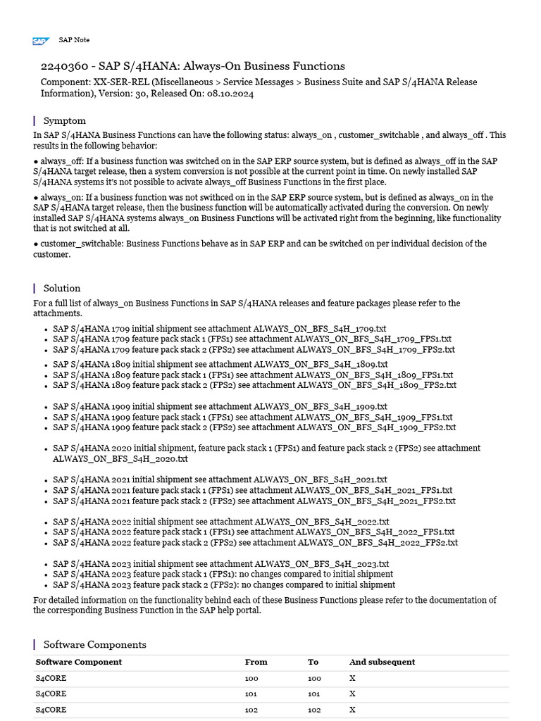 SAP S4HANA Always-On Business Functions 2240360 - E - 20241015 | PDF ...