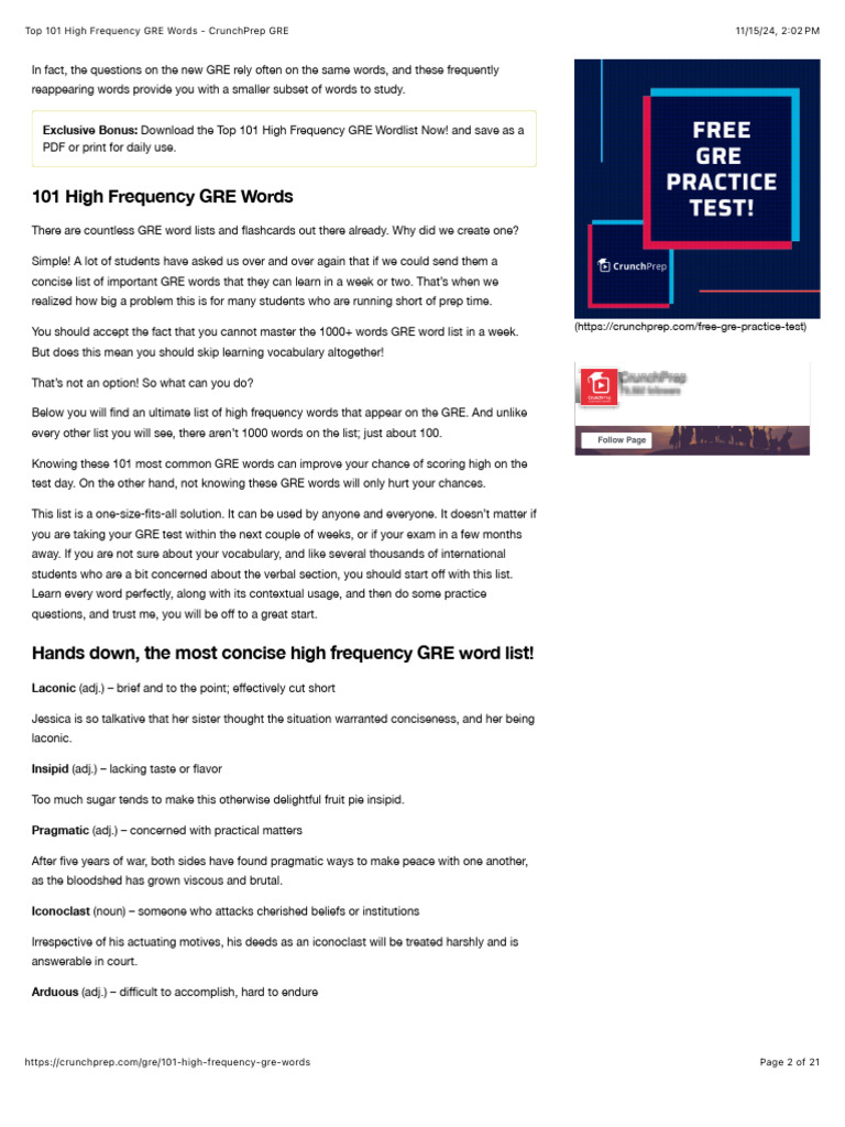 Top 101 High Frequency GRE Words | PDF | Graduate Record Examinations ...
