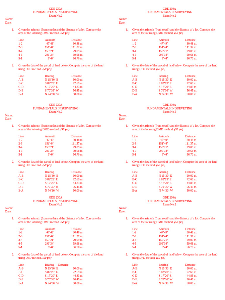 Surveying Exam No 2 Pdf Angle Trigonometry