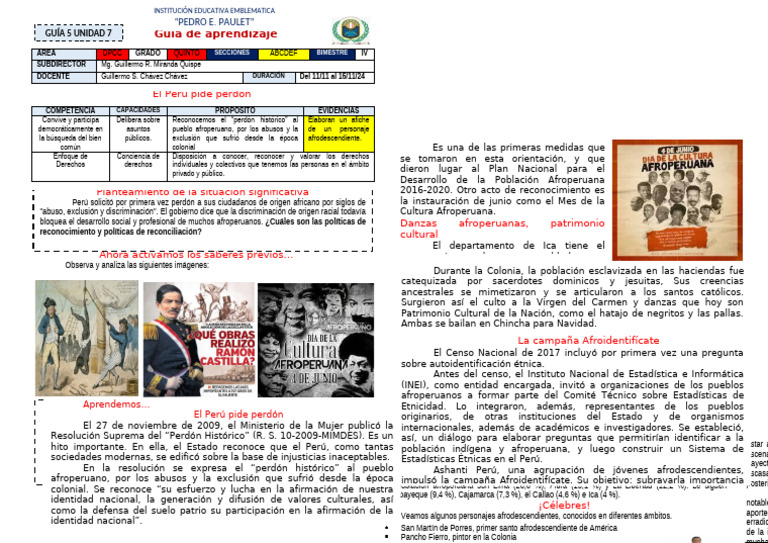 Guia 5 Unidad 7 DPCC 5° | PDF | Perú