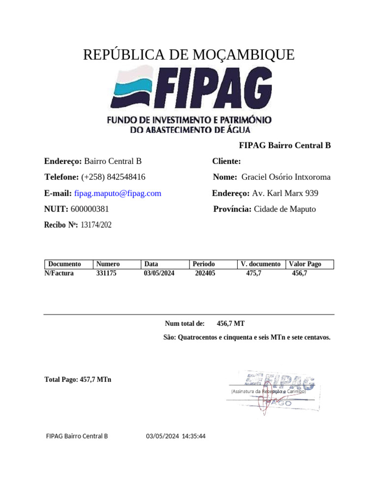 Factura de Água - FIPAG Maputo | PDF | Finanças e Administração de Capital