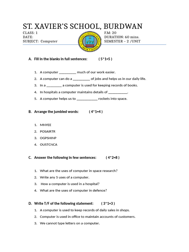 Class 1 Computer Exam Paper | PDF