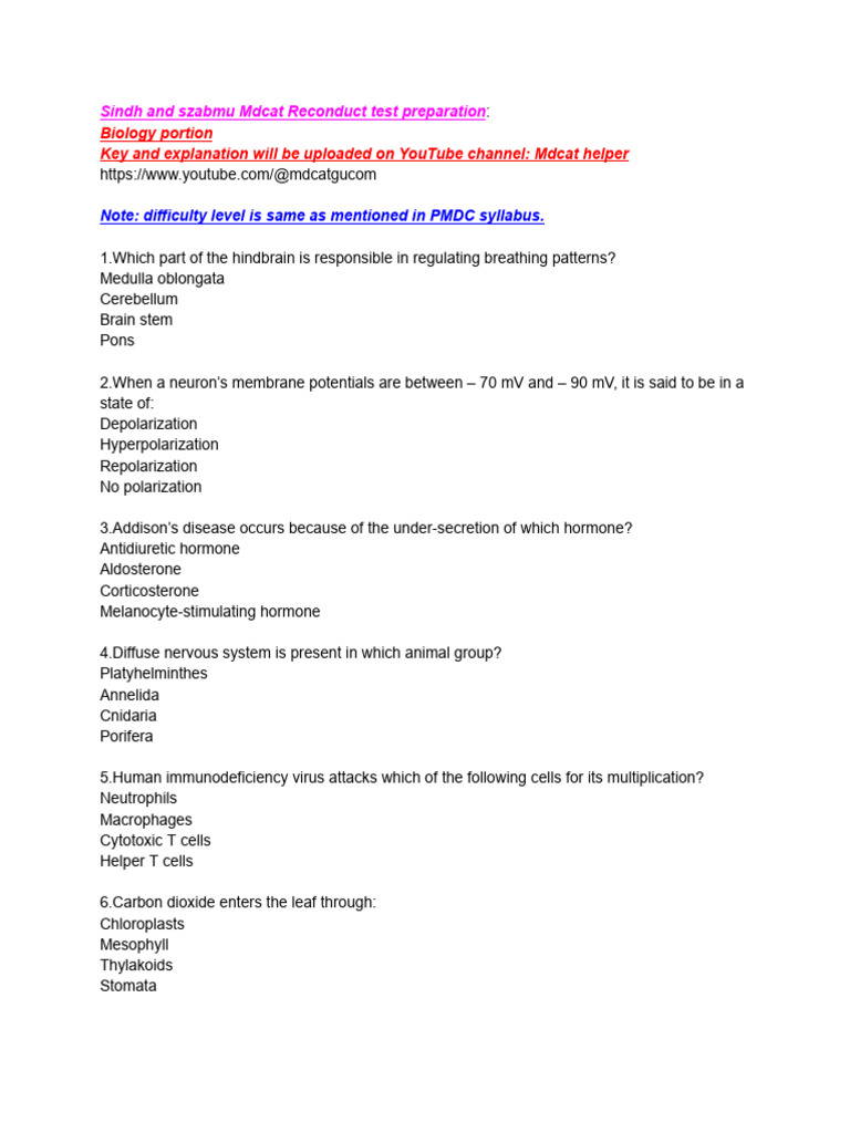 Sindh-Szabmu Mdcat Reconduct Test Preparation #01 by Mdcat Helper | PDF ...