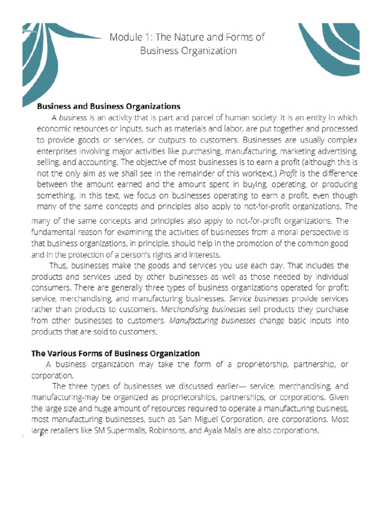 The Nature and Forms of Business Organization | PDF