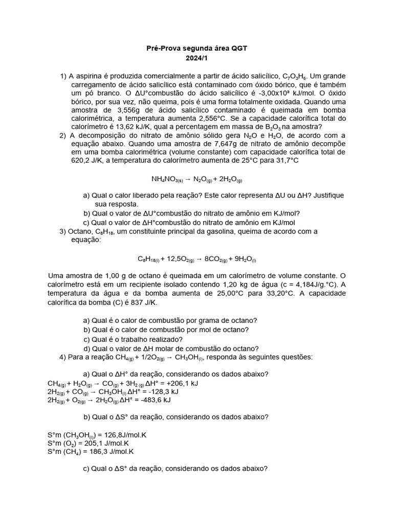 Pré-Prova Segunda Área QGT Certo | PDF | Combustão | Reações químicas